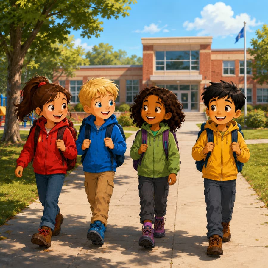 Fire venner går mot skolen.