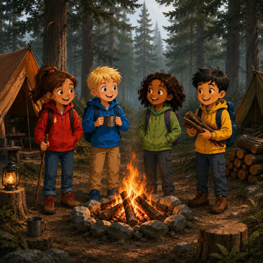 Fire venner står ved et bål.