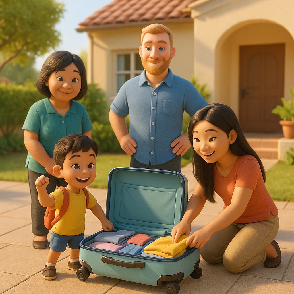 Familien pakker kofferten til ferien.